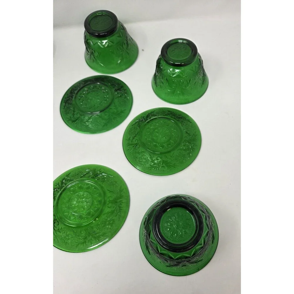 6 Vintage Anchor Hocking Forest Green Sandwich Custard Cups Set And Saucer‎ Set
